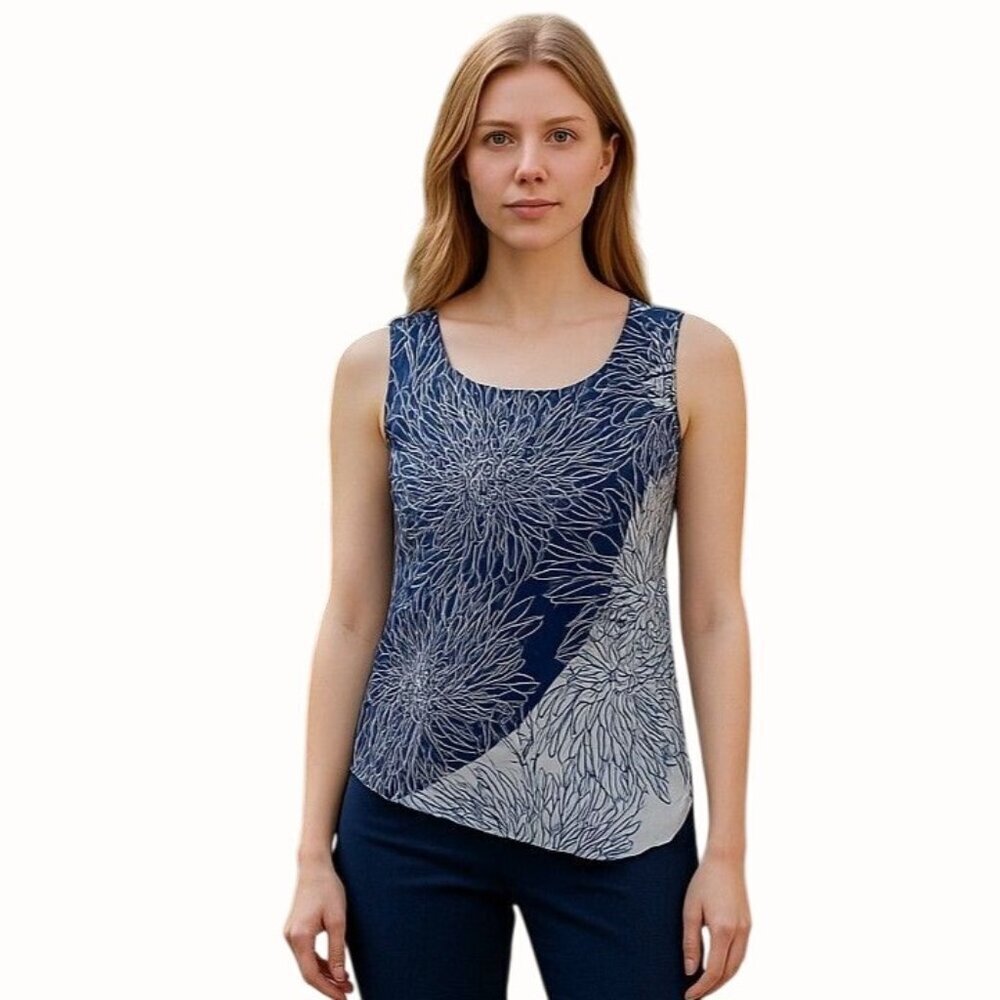 Liz Claiborne Sleeveless Floral Print Blouse Womens Medium Navy Blue White Top